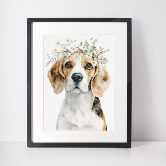 Watercolor Beagle Dog Wall Art Print – Floral Crown Dog Illustration | Unframed - Picture 3 of 5